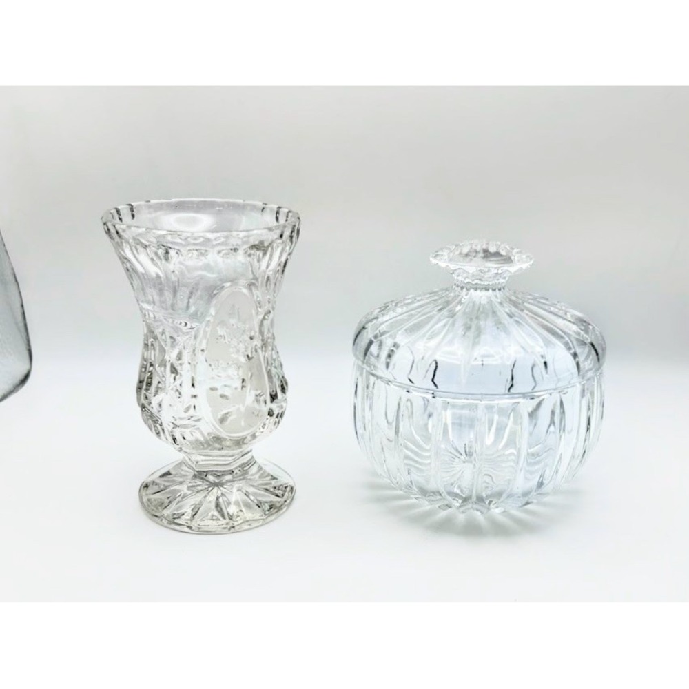 Vintage Pressed Clear Glass‎ Vase and Lidded Candy Dish Set Ribbed Starburst 2pc
